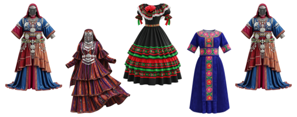 Collection of traditional women’s dresses featuring tribal embroidery, folkloric patterns, and cultural ceremonial styles
