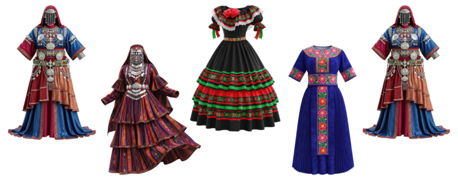 Collection of traditional women’s dresses featuring tribal embroidery, folkloric patterns, and cultural ceremonial styles