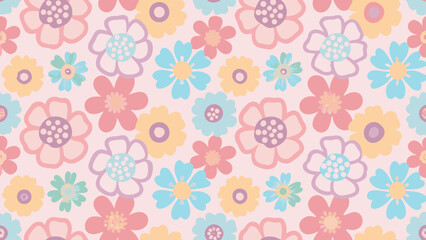 Seamless pattern featuring pastel colored flowers with a light pink background in a repeating design