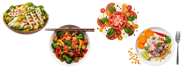 Assorted gourmet salads including grilled chicken, tofu vegetable stir-fry, Caprese, and ceviche-style seafood, beautifully plated