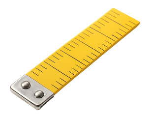 Yellow measuring tape with metal end and black markings for precise measurements on transparent background.