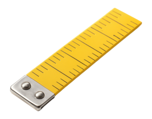 Yellow measuring tape with metal end and black markings for precise measurements on transparent background.