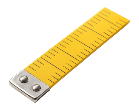 Yellow measuring tape with metal end and black markings for precise measurements on transparent background.
