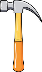 A cartoon illustration of a hammer with a wooden handle, ready for construction.