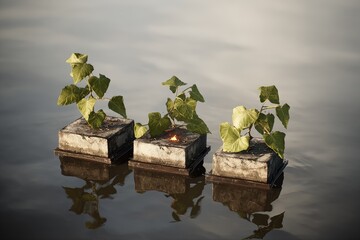 Three small plants in square containers float on calm water