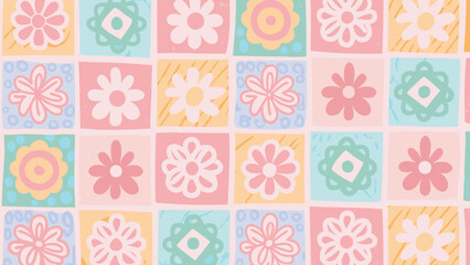 Floral pattern with pastel colors in square tiles featuring various flower designs and geometric shapes