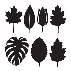 A collection of black leaf silhouettes arranged in two rows against a white background. 