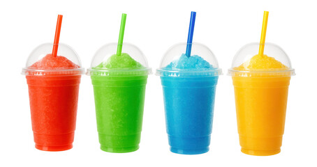 Four colorful slush drinks in transparent cups with lids and straws in red, green, blue, and yellow colors on transparent background.