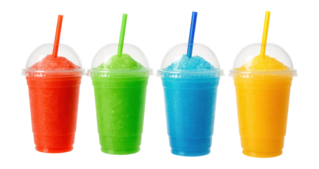 Four colorful slush drinks in transparent cups with lids and straws in red, green, blue, and yellow colors on transparent background.