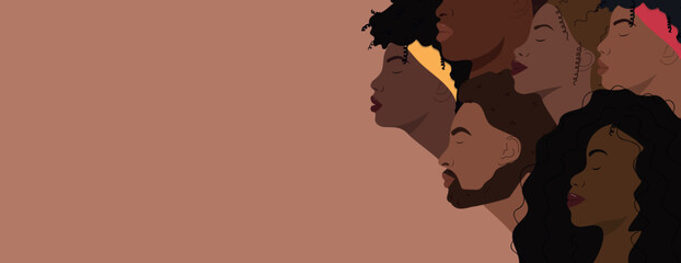 A group portrait of black people. Black history month celebrate. African American freedom people banner template.