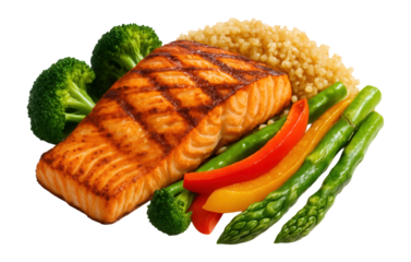Grilled salmon fillet served with broccoli, bell peppers, asparagus, and a portion of quinoa on transparent background.