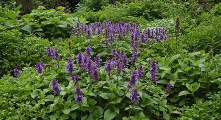 Fototapeta premium Lush Purple Catmint Blooms in Verdant Garden, Natural Beauty, Close-Up.