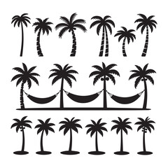 A collection of black silhouette illustrations of palm trees arranged in three rows against a white background. 