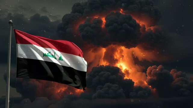 The national flag of Iraq waves against a mushroom cloud from a nuclear explosion. A powerful concept for videos about war, international crisis, and conflict.
