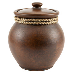 jar with rope tied around the lid, aged ceramic texture white background