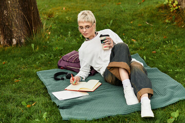 Stylish young woman enjoys a creative moment in a park while sipping coffee and writing
