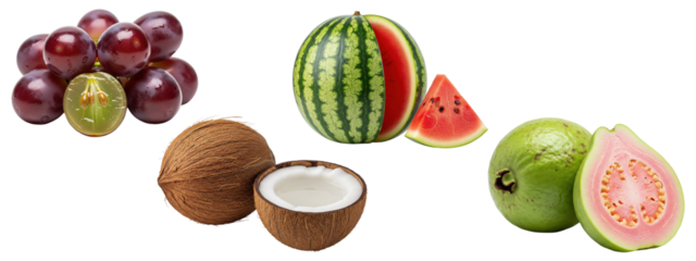 Assorted tropical fruits including red grapes, coconut, watermelon, and pink guava, whole and halved