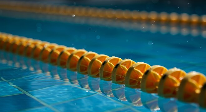Close up of yellow lane rope floating on clear blue swimming pool water with sunlight droplets. Sport competition. - Powered by Adobe