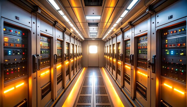 Corridor with Equipment Racks and Glowing Lights
