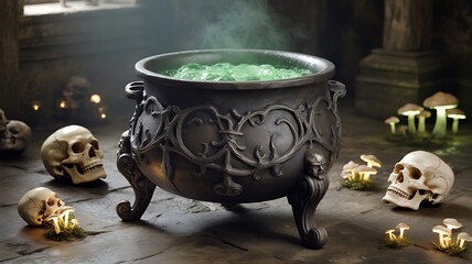 Witch Cauldron with Green Potion and Skulls