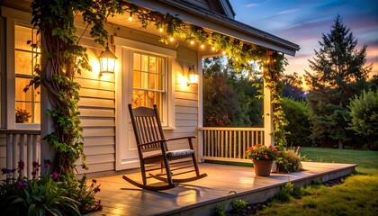 Cozy Porch with Rocking Chair at Twilight with String Lights