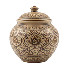 Lao ceramic pot with traditional patterns, white background