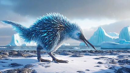 Realistic Ice Age coastal scene with a massive, penguin-like prehistoric bird standing on frozen terrain. Educational, wildlife, and fantasy projects