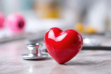 Red heart love shape hand exercise ball with doctor physician's stethoscope on hospital background: Hospital life insurance concept: World heart health day. doctor day, world hypertension day