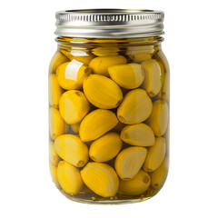 Mason jar full of preserved garlic in oil, isolated white background, warm tone