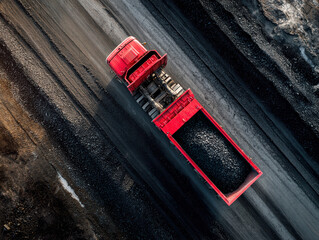 A large red dump truck unloading black coal on an asphalt road in an open-cast mine, aerial view The scene is characterized by earthy tones and natural daylight - AI-Generated