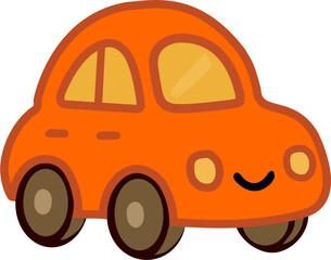 A cute, cartoon-style orange car with a smiling face, large windows, and round wheels, on a transparent background. Perfect for kids' materials or playful designs.