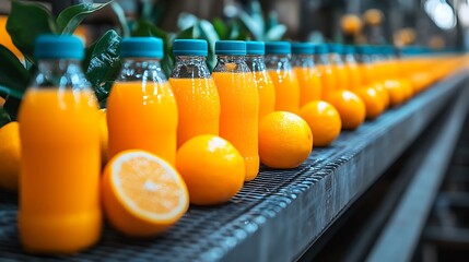 Orange juice bottles and fresh oranges on a production line.