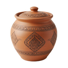 Rustic garlic storage jar made of terracotta with hand-painted Lao patterns, isolated