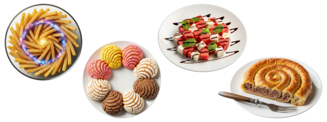 Assorted desserts and appetizers including spiral fries, colorful conchas, watermelon feta skewers, and a nut-filled pastry roll