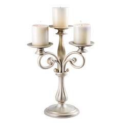 Elegant silver candelabra with three candles, isolated on white background