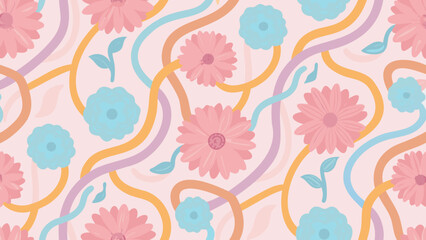 Floral pattern with pink daisies, blue flowers, and wavy lines on a light pink background design