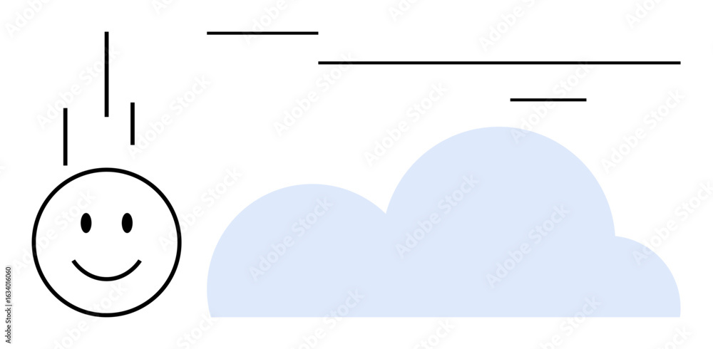 Poster smiling face descending near light blue cloud with simple lines adding a sense of motion. ideal for 