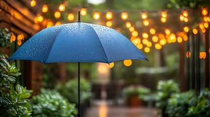 A dark-blue umbrella, glistening with raindrops, is held in a patio setting beneath string lights.