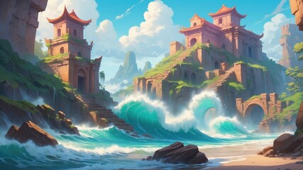 Waves crashing over forgotten ruins.