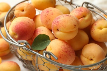 Fresh ripe apricots in metal basket on table, closeup