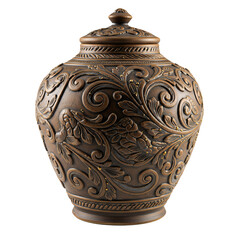 Handcrafted jar with ornate carvings and glowing, fantasy-themed, transparent isolated background