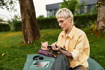 Stylish young woman enjoying a creative moment in the park under soft afternoon light