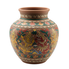 Jar made of clay, hand-painted with Lao motifs, filled with garlic, isolated white background