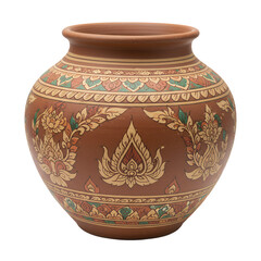 Jar made of clay, hand-painted with Lao motifs, filled with garlic, isolated white background