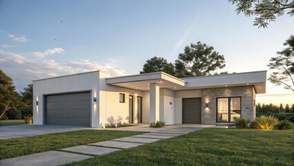 Modern singlestory house with garage and garden on a sunny afternoon