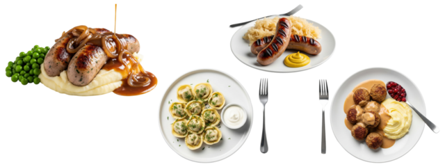 Traditional European meat dishes including bangers and mash, grilled sausages with sauerkraut, ravioli with cream sauce, and Swedish meatballs with mashed potatoes