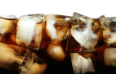 Refreshing cola with ice isolated on white, closeup