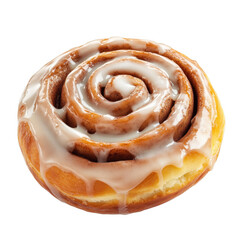 Fototapeta premium Freshly baked cinnamon roll drizzled with sweet creamy icing isolated on transparent background
