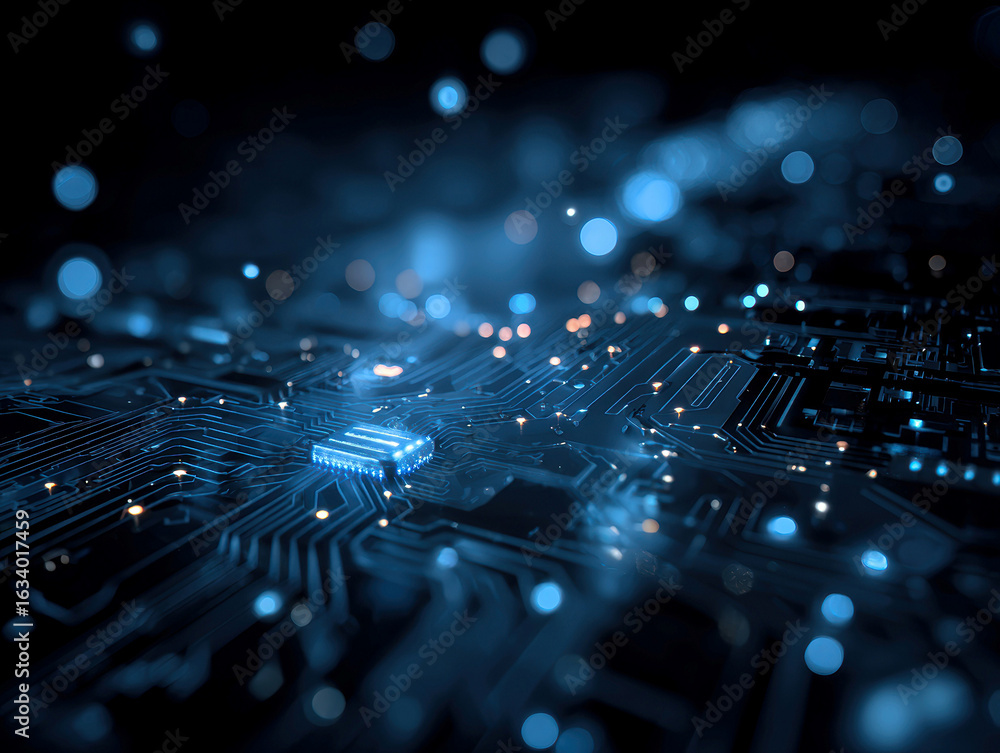 Poster close-up view of an abstract, futuristic blue circuit board with glowing dots on a dark background, 
