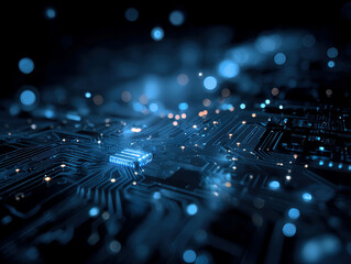 Close-up view of an abstract, futuristic blue circuit board with glowing dots on a dark background, suggestive of AI technology, microchip intricacies, and complex data transfer in cybe - AI-Generated